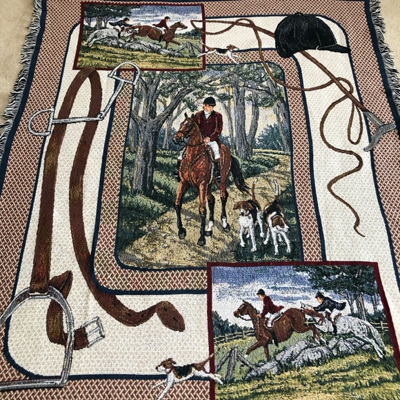 Tapestry Throw Blanket Equestrian Horses Riders Dogs Fox Hunt 48" X 58” - Picture 2 of 9